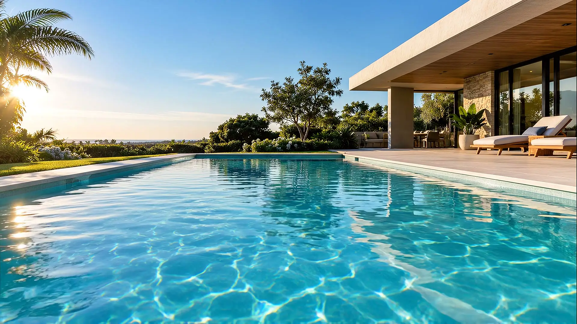 Piscina frente a una casa moderna, con reposeras y palmeras al atardecer