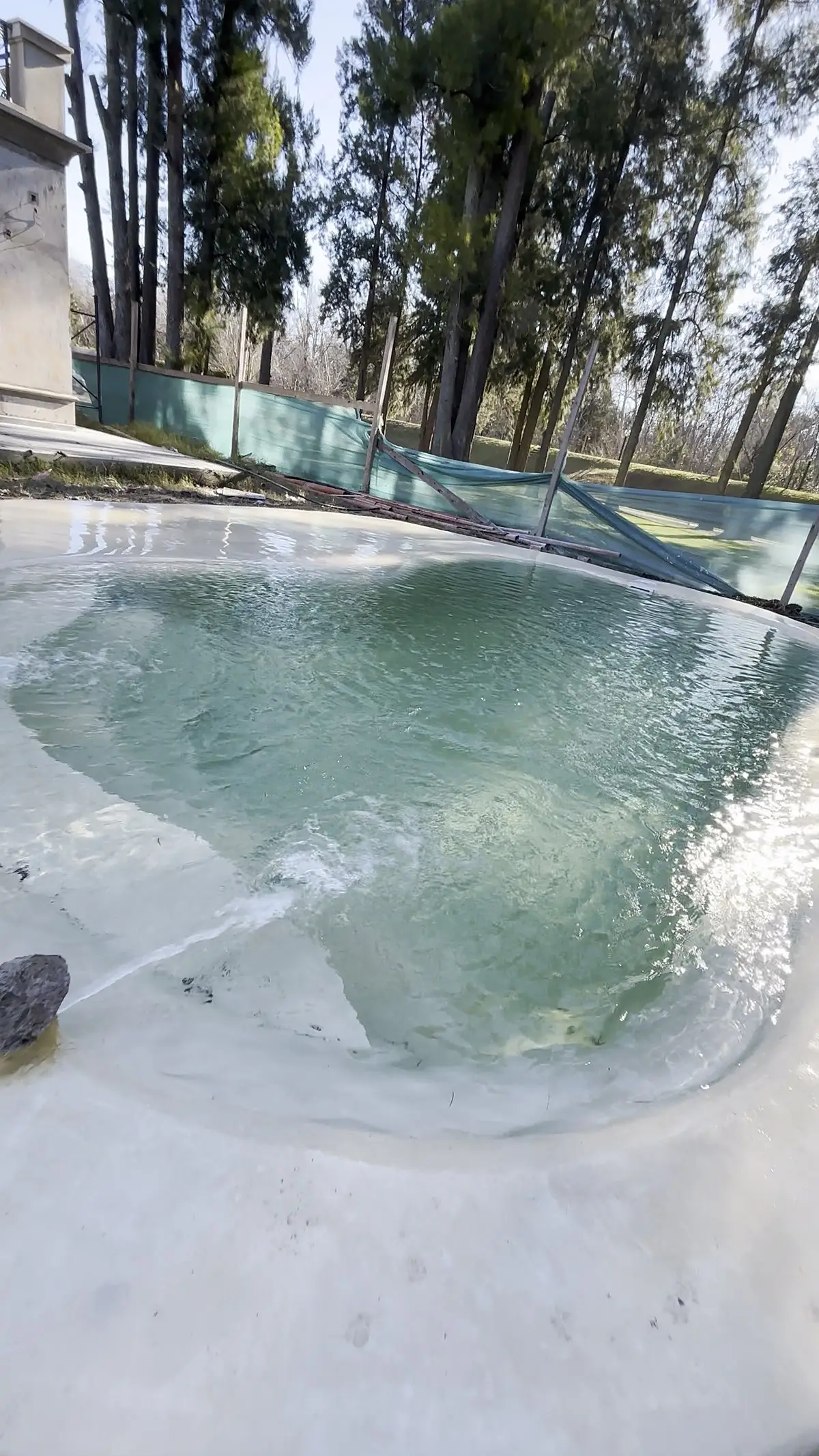 Roca decorativa junto a un hidrojet en el borde de la piscina