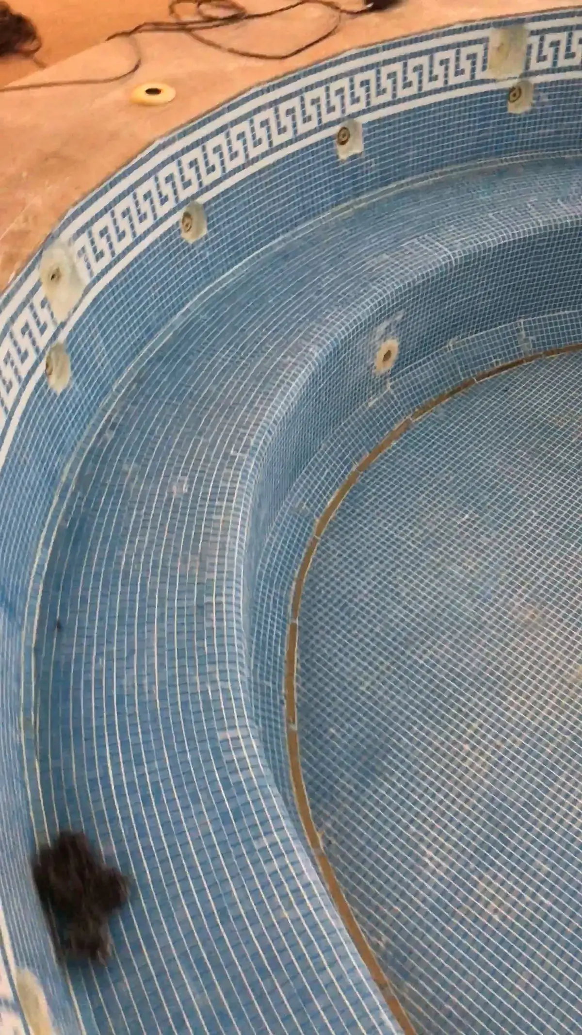 Venecitas azules nuevas con guarda griega en el borde de la piscina